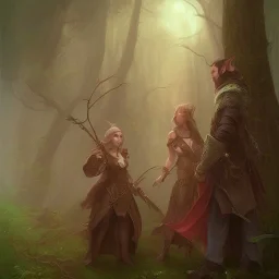 portrait of fantasy cleric elf and a thief and a wizard in the woods painted by william turner