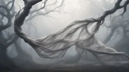 Multiple entanglements between a twisted thin piece of cloth as part of many twisted and spiraling branches disappearing into the distant mist, epic photo, sharp on highly detailed skin with wrinkles and high contrast, photorealistic, 4K, 3D, realism, hyperrealism, detail, good lighting, detailed texture, modern photography style, 3D, 4D, 4K --2:3