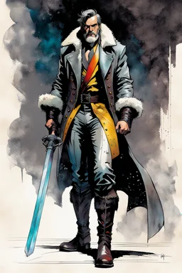 Create a fine art print , full body illustration of a haggard epic fantasy sword and sorcery character , with finely lined and detailed facial features, in an open laced fur jerkin, grey leather breeches , a short colorful belted sash at the waist, stealthy soft leather slippers, , in the comic book style of Bill Sienkiewicz, Howard Chaykin, Mike Mignola, Philippe Druillet, and Jean Giraud Moebius, precisely drawn, colored and inked