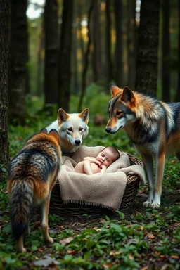 A baby sleeping in a basket in the middle of a forest . Two wolfs standing by the basket