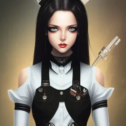 beautiful women wearing a maid dress, black hair, cursed eyes, holding a gun