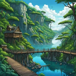 rany day, visible from the side one massive wooden bridge connects the over two gorge, between two tall rocky shores, sprawling, tall alien trees on both shores, log wooden houses in the distance in the background, rainy landscape, lush vegetation in shades of green and blue on earth, massive trees,, high detailed, fantasy, cinematic style