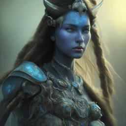 portriate of beautiful blue na'vi warrior, volumetric lighting, particles, intricate detail, realistic, close up