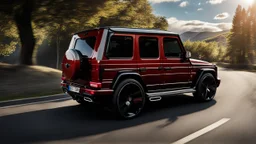 A sleek rear view of (((a cross of bentley and G-Wagon))), on street, with hill and trees around, a beautiful clouds and sunny weather, 4K, Superdetailed, No mistakes