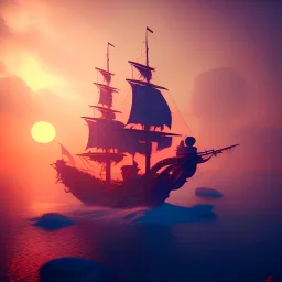 Pirate ship sailing, silhouette, world in bloom, concept art, dusk, orange blue, vivid color, realistic, octane render