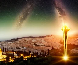 100,000,000 christians, men, women,and children, WORSHIPPING, dressed in white, beam of light from one jewish Temple, Jerusalem, hills and valley in background, dusk, andromeda GALAXY IN SKY