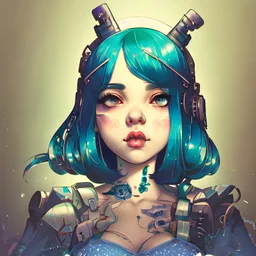 singer Melanie Martinez face, beautiful cyberpunk huge girl, hyperdetailed, illustration by Katsushika Hokusai, darkblue tones,