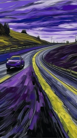 A blackish violet highway with fast cars painted by Vincent van Gogh