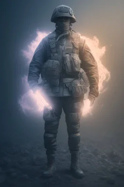 All Black British soldier, wearing high tech mask, white smoke, dark, rage, sorrow, high definition, ultra 8 k, volumetric lighting, blue fire, fog