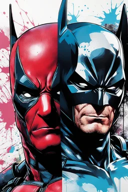 Poster in two gradations, split in half, one side "deadpool", other side "batman", midline of the face, painting by Yoji Shinkawa, solid, pastel and splash colours, detailed iridescent, metallic, translucent, dramatic lighting, hyper futuristic, digital art,