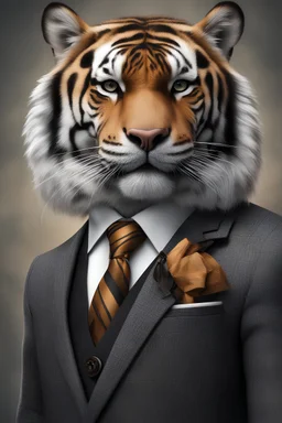 Anthropomorphic Siberian tiger with hyperrealistic 8k suit and tie