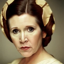 Hyperrealistic, 8k centered photographic portrait of [[Carrie Fisher as Princess Leia in Star Wars]], leica, 35 mm, technicolor, natural colors, telephoto, 24 mm, portrait photo by Annie Leibovitz, film, studio lighting, detailed skin, ultra realistic, bokeh, sharp features