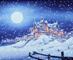 mauntin castle, frosty night, snow flakes and wind, Miyazaki style painting