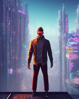 Santa Cruz in cyberpunk clothes standing on rooftop, cool cyberpunk city in background