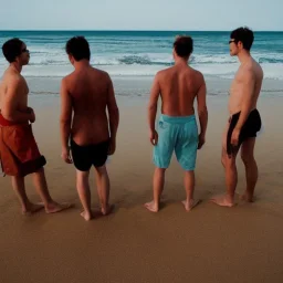 three men waiting for their friend to come back to join them on the beach