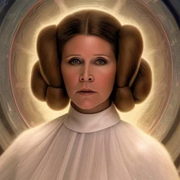 hyperspace background, complete and photo realistic detailed head to waist stunning photo realistic portrait of carrie fisher as Princess Leia in star wars with photo realistic updo by Mandy Jurgens and mucha and Richard Schmid and chuck close and chie yoshii, extraordinary and detailed ceremony dress of star wars,brown eyes