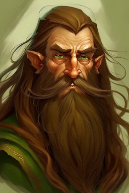 Gnom, braune lange wilde Haare, große, auffällig dicker Nase, grüne Augen, sehr jung (etwa zwanzig Jahre) , Druide, gebräunte Haut, ohne Bart, Mann