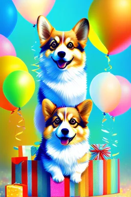 Cute, fluffy, happy looking small Corgi dog sitting next to it, colorful, summer time, birthday, festive atmosphere, detailed, congratulating