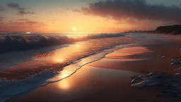 spiaggia e mare al tramonto, iperrealistico , cinematografico