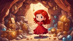 A little red-haired girl wearing a red dress is in a golden cave with many treasures, diamonds and treasure chests. Style cartoon