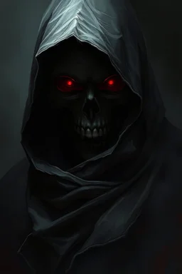A grim fantasy character, a necromancer or a rogue, skeleton face completely hidden in the deep shadows of a tattered hood and wrapped in a thick, worn scarf. Only a faint, ominous red or gold glow of eyes is barely visible from the darkness. The character's silhouette is sleek and menacing. The style is dark fantasy concept art, digital painting, highly detailed, sharp focus, dramatic lighting, volumetric fog, gritty textures, inspired by Darkest Dungeon and Dark Sould. --ar 2:3 --style raw