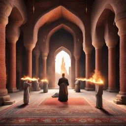 Hyper Realistic people praying inside prehistoric brick mosque with ancient flame torches with tore carpets & a Lalten