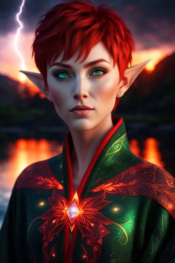 detailed eyes, female elf, red short hair, detailed glowing ornamental magical pattern robe, glowing gem crackling with lightning implanted on robe, 8k, high detail, lake background, midnight, facing viewer, front facing