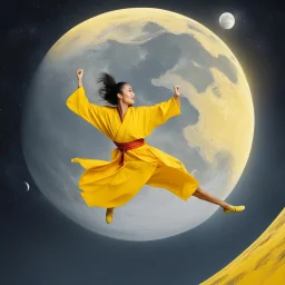 A woman martial artist monk in a yellow suit is jumping in the air next to planet with a large moon