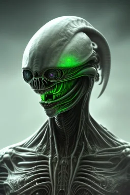 alien, head, evil,green eyes, weapons, blood, 8k, finely detailed, photo realistic, HR Giger style