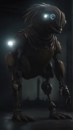 chicken monster robot with eerie lighting and a haunting atmosphere , photo / ultra realistic cinematic