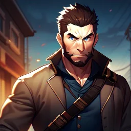 Portrait, Bearded, gunslinger, with short brown hair, serious blue eyes, Cowboy Coat