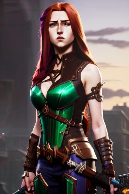 hyper realist, hyper detailed, stunningly beautiful 16 year old teen girl, long ginger hair, green eyes, medium freckles, full lips, revealing leather armour, full body and head, c-cup breasts, stern expression, full frame, petite, ignore NSFW, shortbow, quiver on hip