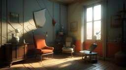 Paint a domestic interior with a surreal touch: slightly deformed furniture, strange angles and objects out of place, using muted colors and diffused natural light, inspired by Matthias Weischer, combining realism with an atmosphere of mystery and contemplation.