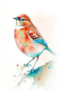 watercolor painting of a small bird. White background. Fine lines. Realistic bird. red bird.