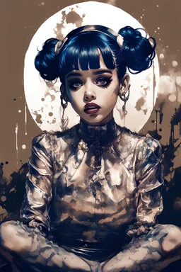 Poster in two gradually, a one side the Singer Melanie Martinez face, full body, sit pose, painting by Yoji Shinkawa, darkblue and sepia tones,sinister, detailed iridescent, metallic, translucent, dramatic lighting, hyper futuristic, digital art, shot with Sony Alpha a9 Il and Sony FE 200-600mm f/5.6-6.3 G OSS lens, natural light, hyper realistic photograph, ultra detailed -ar 3:2 -q 2 -s 750,malevolent goth vampire girl face and other side