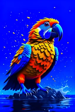 Generate an full body image of a parrot has a magma objects in the background and ocean objects in the background objects with an anime animal style.On Canvas, Brush Strokes, Smooth, Ultra High Definition, 8k, Unreal Engine 5, Ultra Sharp Focus, Intricate Artwork Masterpiece, Ominous, Golden Ratio, Highly Detailed, photo, poster, fashion, illustration