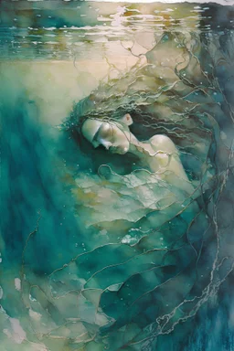 Overwhelming depression portrayed as an underwater abyss, with a person submerged in the depths, surrounded by murky waters and tangled seaweed, their body curled up, conveying a sense of suffocation and hopelessness, Painting, watercolor on textured paper, using soft, muted tones to evoke a somber mood and delicate brushstrokes to create a sense of fluidity and instability