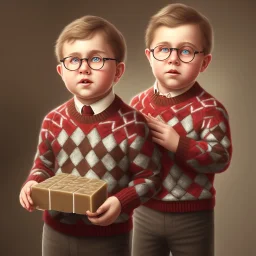 solo peter billingsley is a chubby kid with glasses, gripping a single Dark red soap bar, ((brown))argyle sweater,