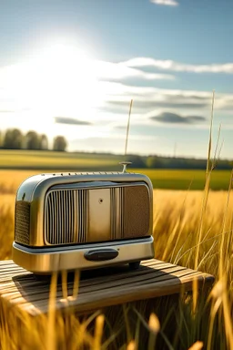product photography of a toaster in a weat field at the afternoon