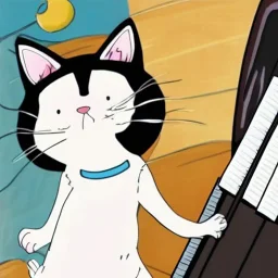 cat playing piano in style of japanese anime