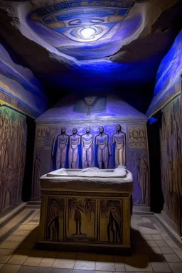 A violet hidden tomb with ghosts designed in ancient Egyptian hieroglyphics painted by Diego Rivera