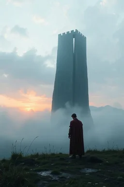 The prince standing at the base of the Needle(the mega high prison tower), soaked and exhausted but alive, dawn breaking over the misty fields.