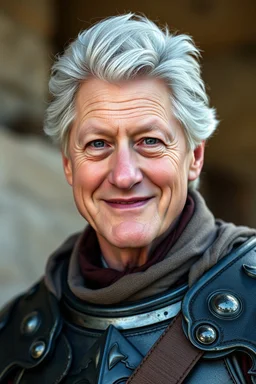 Bill Clinton as lama thief in full armor. Close up portrait. Afraid to fail, afraid to dive within. But still smiling.