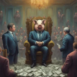 rich pig in suit on a throne making stacks of money by making a deal with a buisnessman. background of musicians. Payday payday. beksinski style. politicians