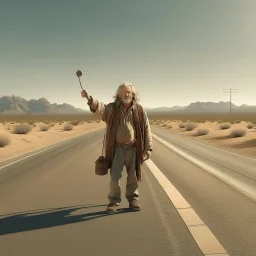 Hitchhiker on desert highway who looks like Rutger Hauer, thumb out, mid shot, concept art trending on Artstation, natural lighting, hyperrealistic,