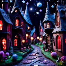 Detailed creepy street made of modeling clay, village, stars and planets, volumetric light flowers, naïve, Tim Burton, strong texture, extreme detail, Max Ernst, decal, rich moody colors, sparkles, Harry Potter, bokeh, odd