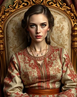 A stunning French woman with porcelain skin, high cheekbones, and piercing green eyes, dressed in a traditional embroidered sarafan, sits regally in a lavish, ornate chair, surrounded by opulent fabrics and gold accents, as if plucked from a 19th-century Russian aristocratic portrait, rendered in exquisite hyper-realistic detail, with the rich textures and subtle play of light and shadow characteristic of a masterful oil painting, reminiscent of the works of Ivan Kramskoi, Zinaida Serebriakova