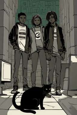 Create a book cover visualization. Against a dark urban underground backdrop, place three fearless teenagers in different characteristic poses, expressing determination. Next to them, position a mysterious black cat with ominous eyes, looking towards the viewer. The title 'Behemoth and Computer Zombies' should be centered in a dynamic, somewhat mysterious font. Surrounding the main outline of the cover, add elements related to the book's main themes, such as a computer screen with game ch