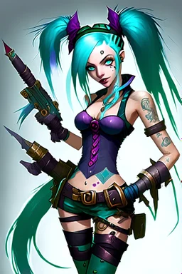 Jinx is a fictional character from the video game "League of Legends." She is typically depicted with long, blue hair and green eyes, and wears a stylish and revealing outfit that resembles a classic magicians' costume. Jinx is often armed with a variety of weapons such as swords, explosive devices, and sharp throwing stars which she uses to fight her enemies in battle. Her chaotic and unpredictable nature is reflected in her maniacal laughing and energetic movements.