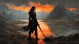 A formidable warrior girl in black armor, on the background Amazing gloomy landscape, flooded with sunset, mountains, trees, fabulous scary hero, , juicy emotions, painting, dark fantasy, gloomy day, dark world, portrait, by Alyssa Monks & Raymond Swanland & James Paick & Anna Razumovskaya